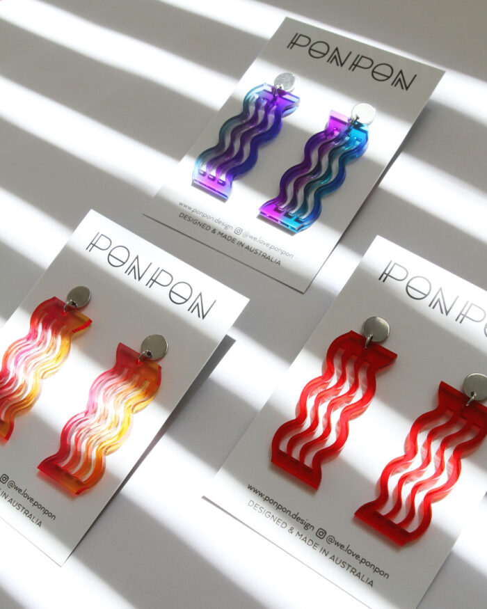 Pon Pon 'Waves' acrylic earrings, three colour variations